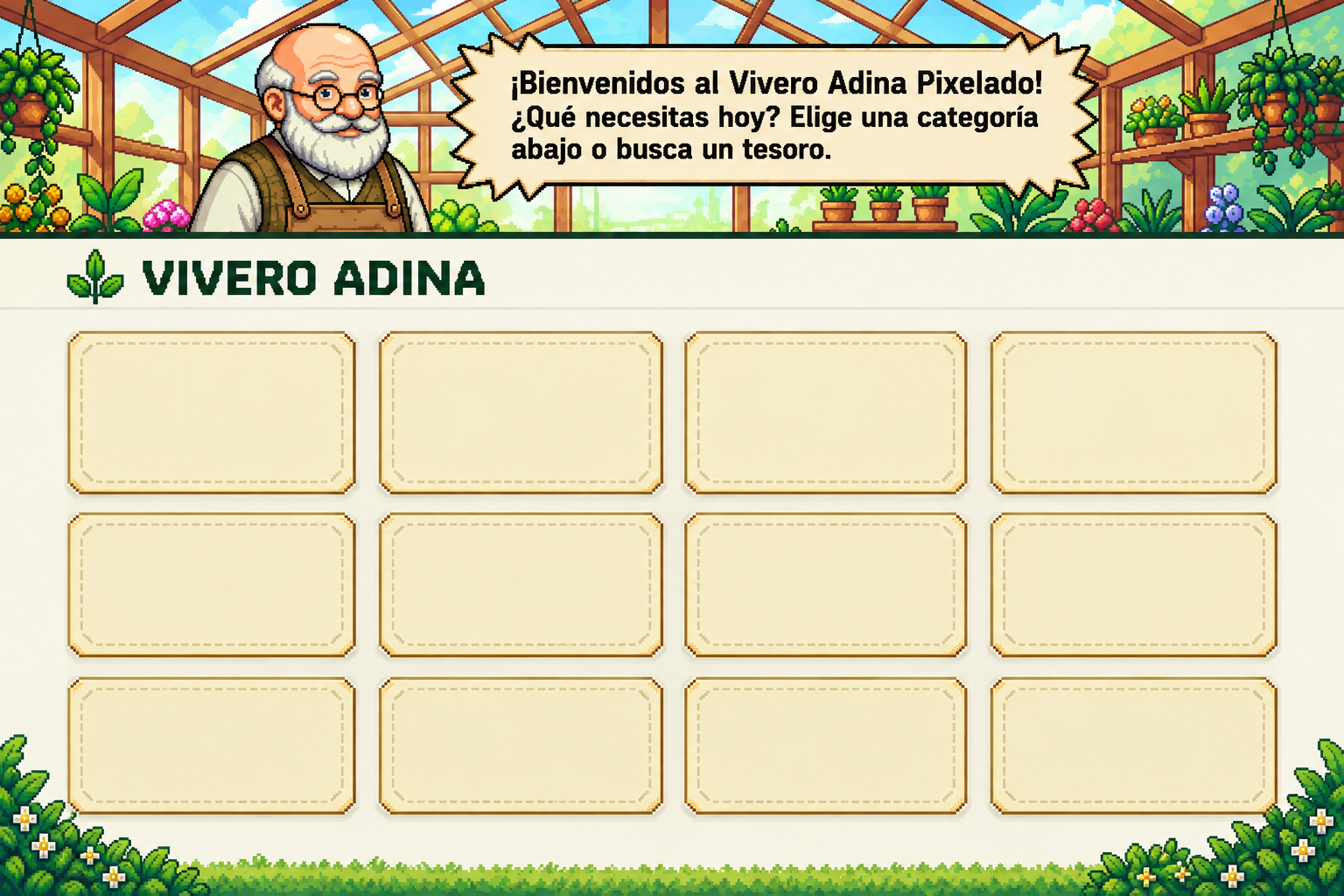 Vivero Adina Pixelado: jardinero, invernadero y doce recuadros vacíos iguales para añadir imágenes propias